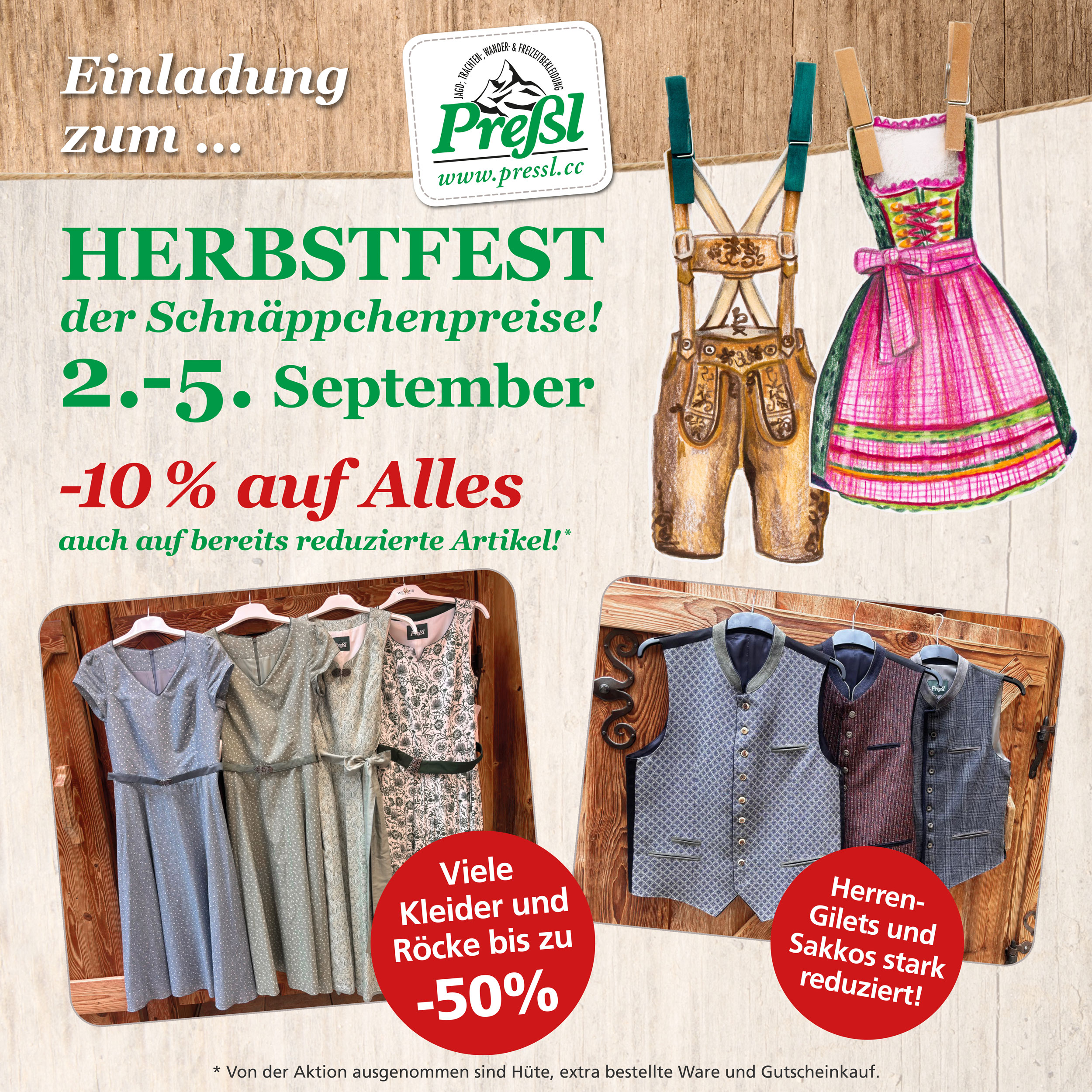 Pop Up Werbung 02.09.-06.09.2026 -10% auf alles ausser Hüte Gutscheine Bestellungen