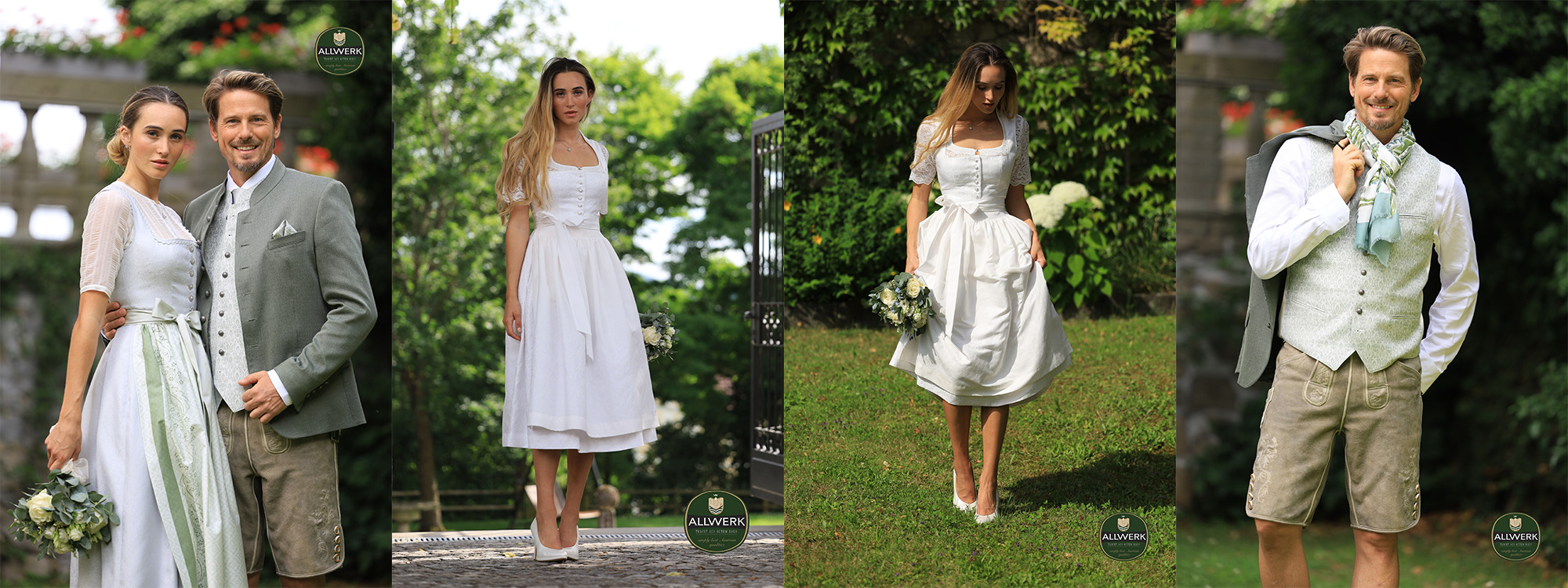 1Foto-Brautpaar, 2 und 3Foto kurzes Brautkleid weiß ,4 Herr in kurzer Lederhose und passendem Gilet zu Brautkleid