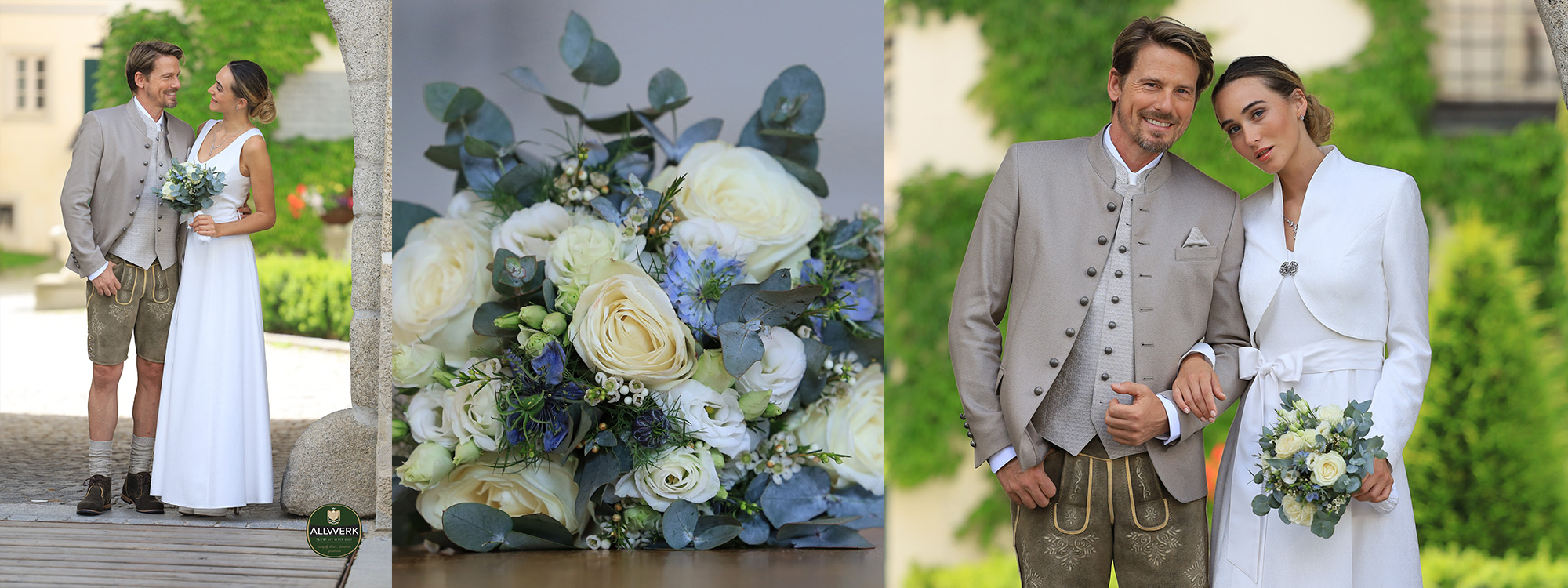Hochzeit Herr in Lederhose und beigen Sakko und Gilet Dame im weißen A-Linien Brautkleid