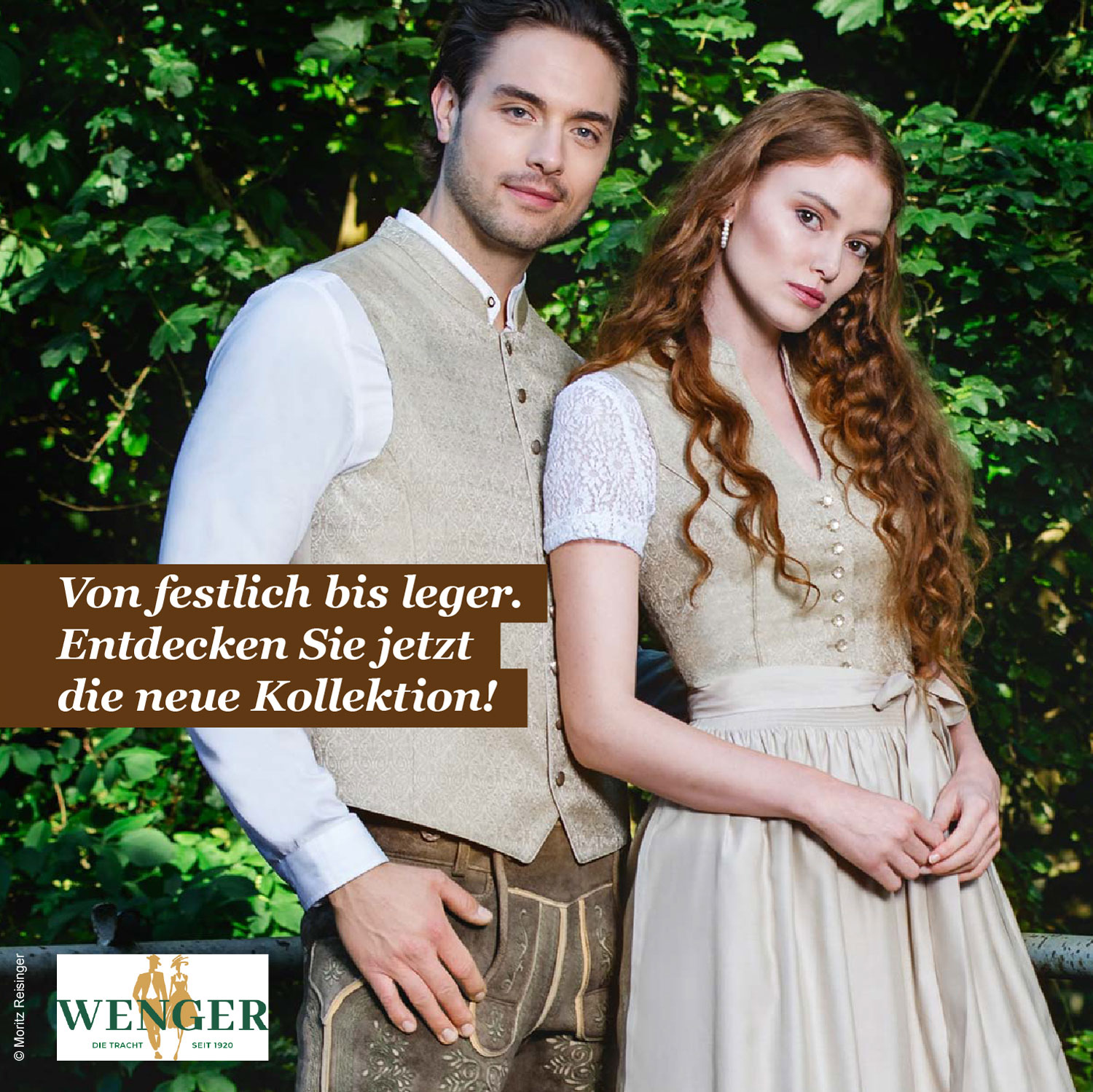 Banner mit Paar in Beigen Dirndl und Gilet. Text Von festlich bis leger. Entdecken Sie jetzt die neue Kollektion.