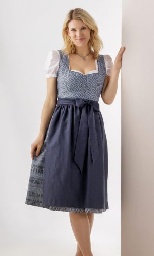 Damendirndl in blau mit Fischgrätenmuster und blauer einfärbiger Schütze