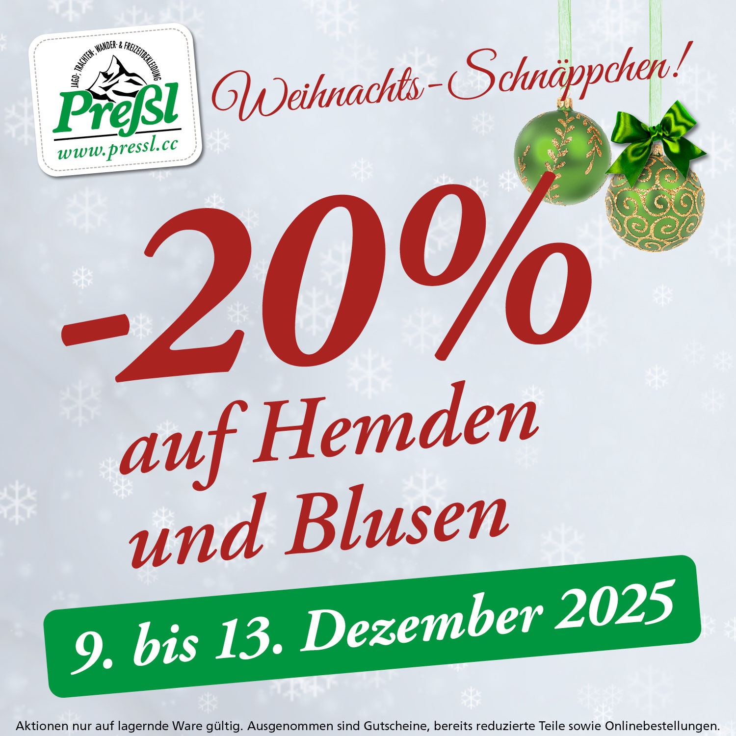 Werbesujet Weihnachtsschnäppchen, - 20 % auf Hemden und Blusen von 09.12.-13.12.2025