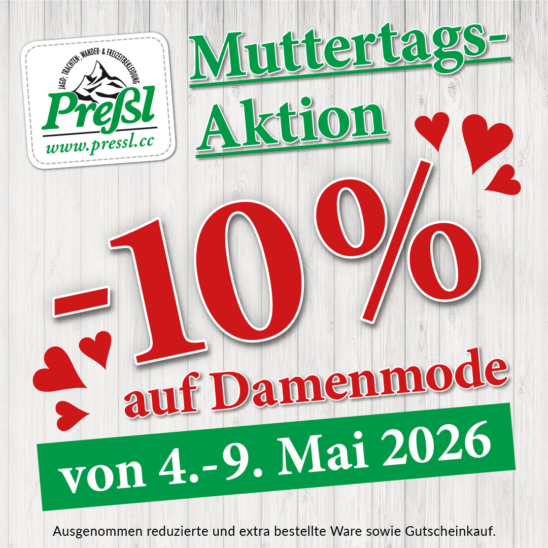 Werbesujet/Muttertagsaktion für 04.05. und 09.05.2026 -10% auf Damenmode, ausgenommen reduzierte und extra bestellte Ware